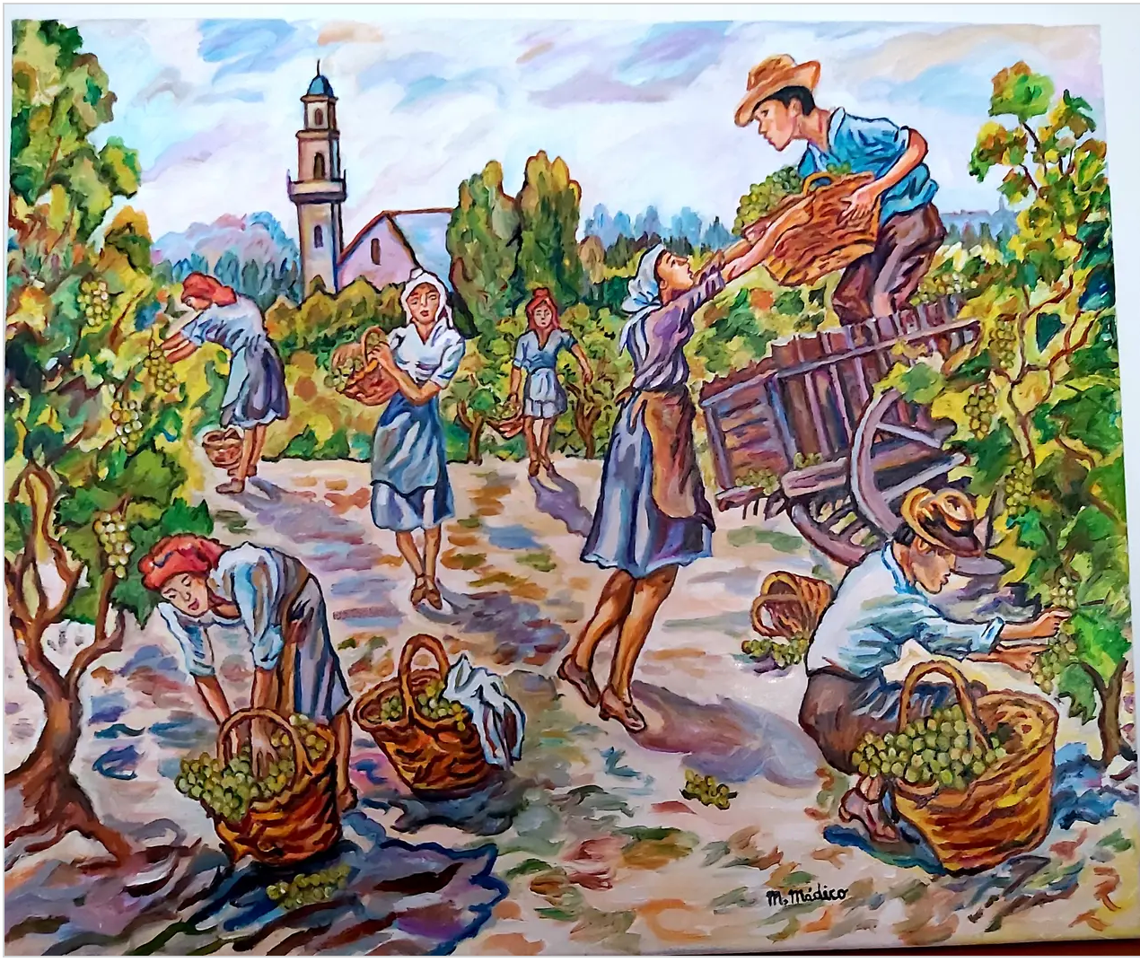 Paisaje viña -Vendimiadores vendimiando