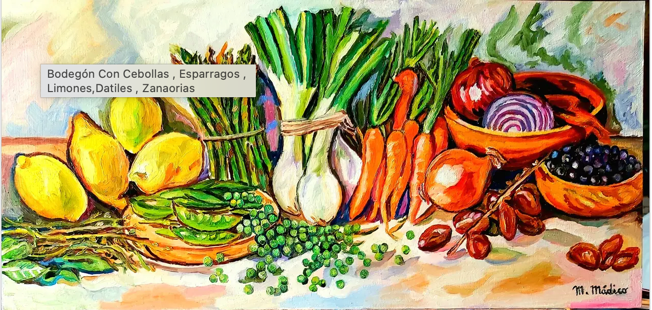 Bodegón Con Cebollas , Esparragos , Limones,Datiles , Zanahorias