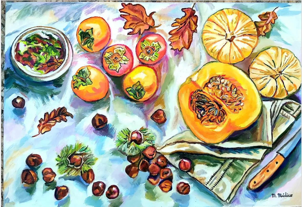 Bodegón con hortalizas y frutas del otoño