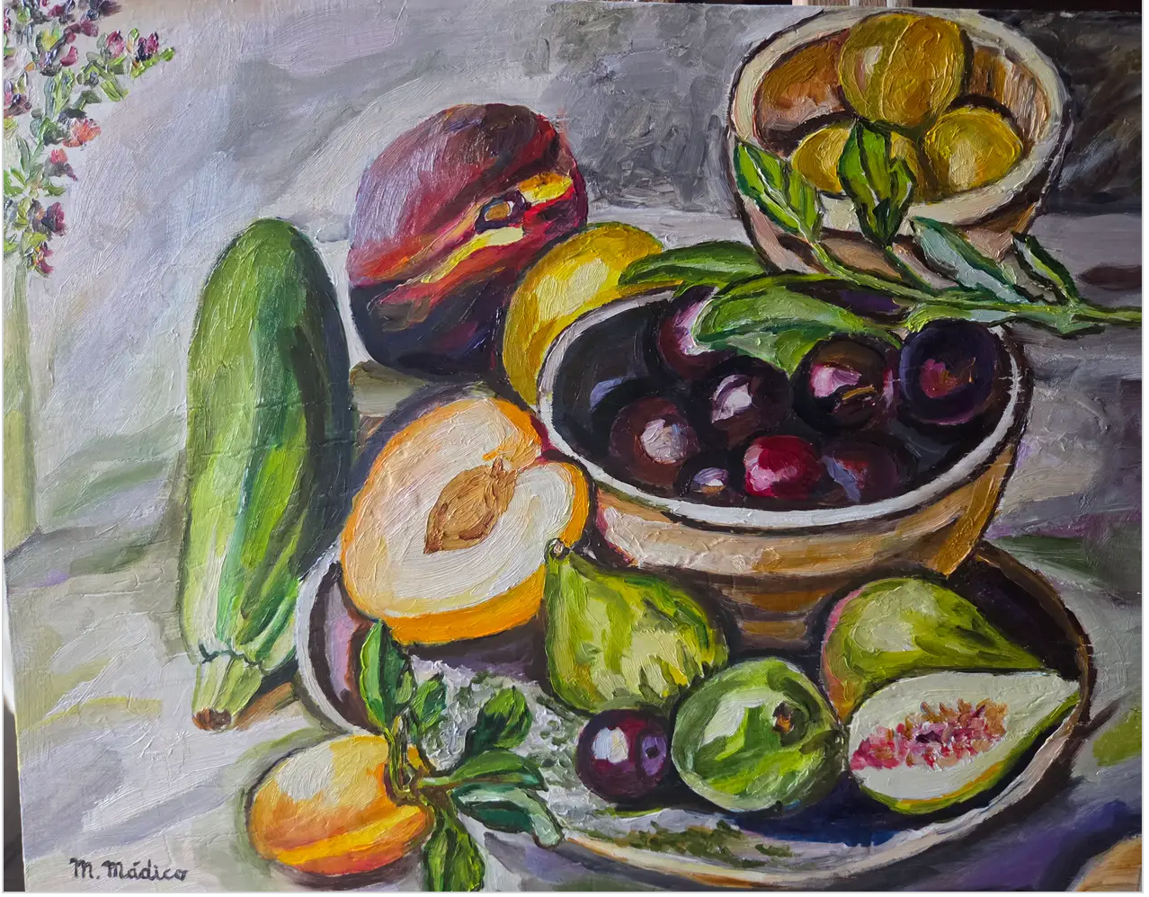 Bodegon con Cerezas ,Higos verdes, Ciruelas y albaricoques