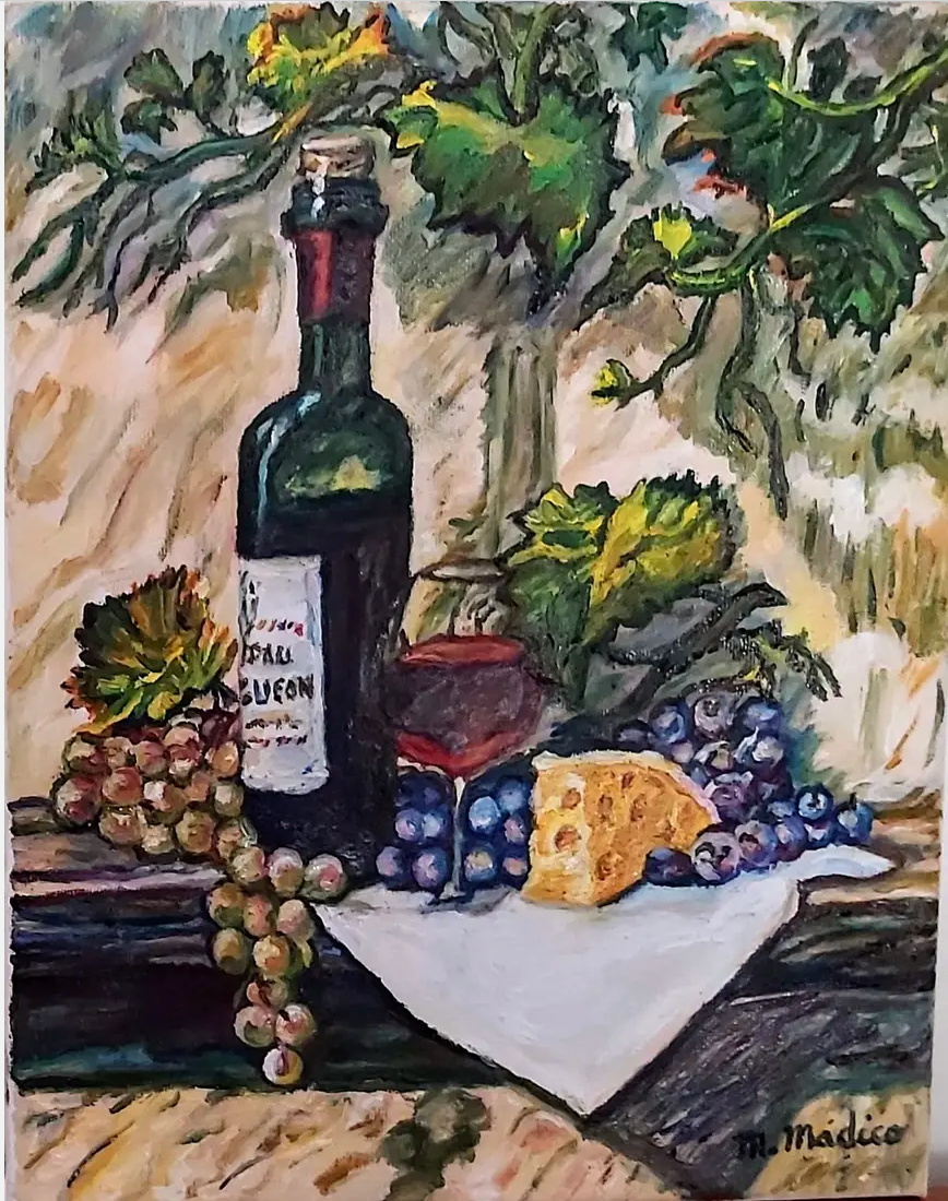 Bodegon de frutas y botella vino